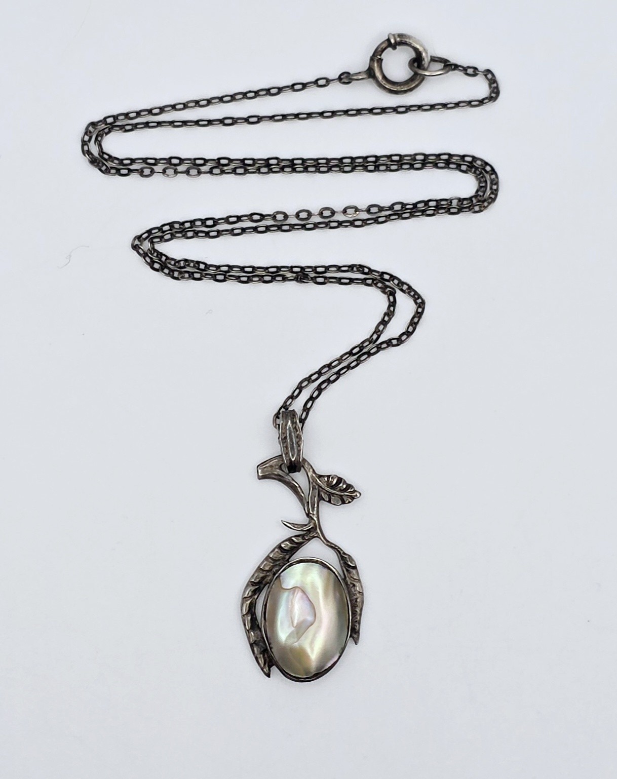 Vintage Art Nouveau Sterling Silver Blister Pearl Leaf Vine Pendant Necklace 925