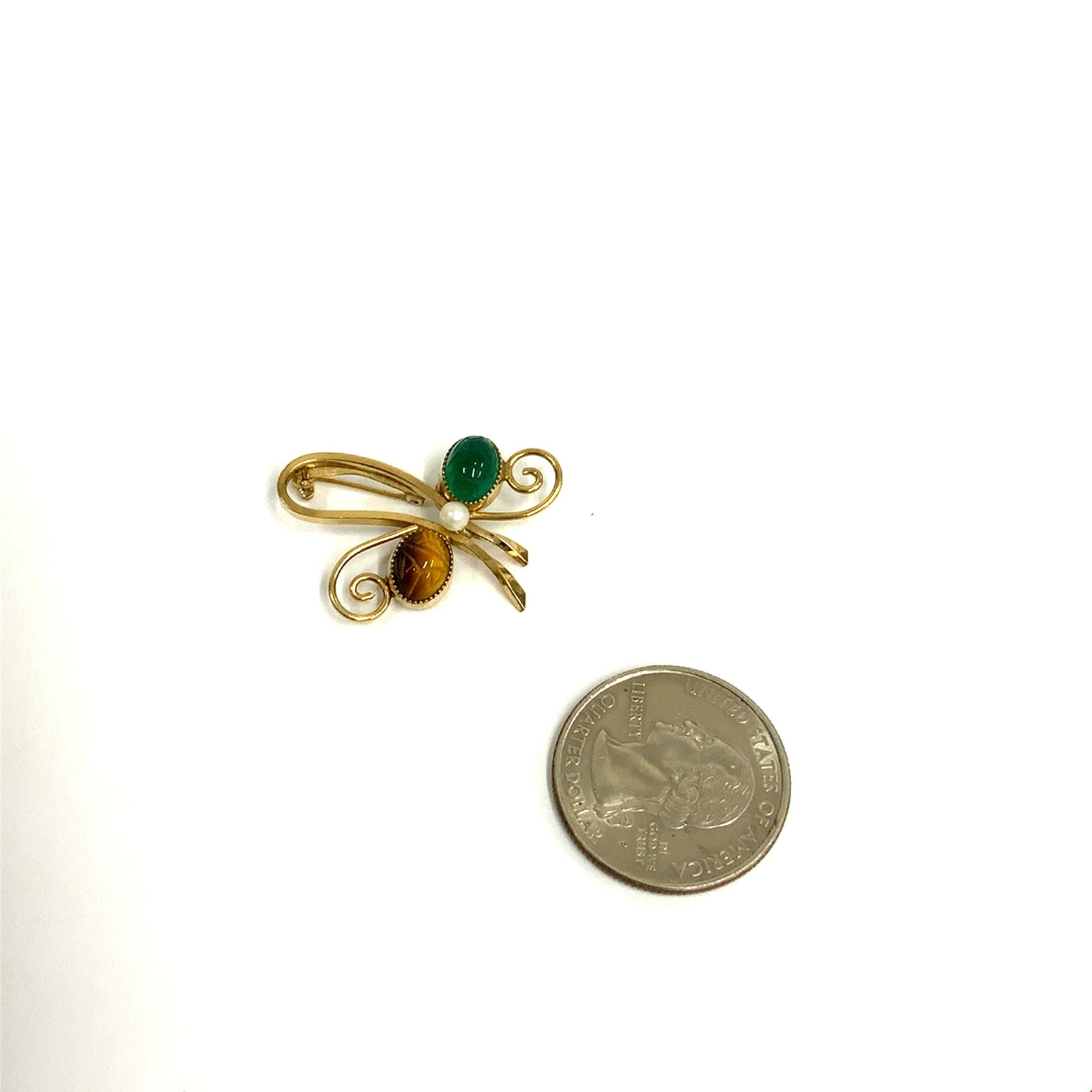 Vintage 14k Gold Filled Wells Scarabs Tiger’s Eye Jade Ornate Bow Design Brooch