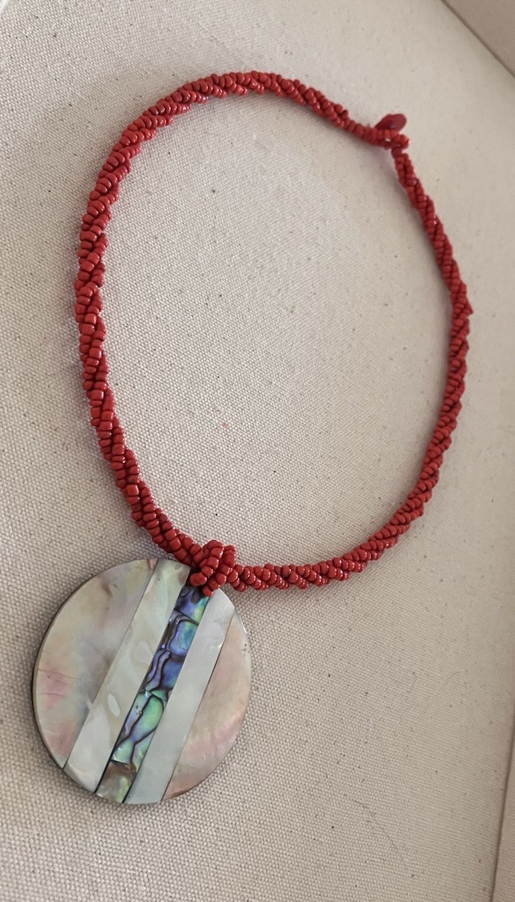 Vintage Abalone Shell Coral Seed Beaded Twist Pendant Disc Statement Necklace