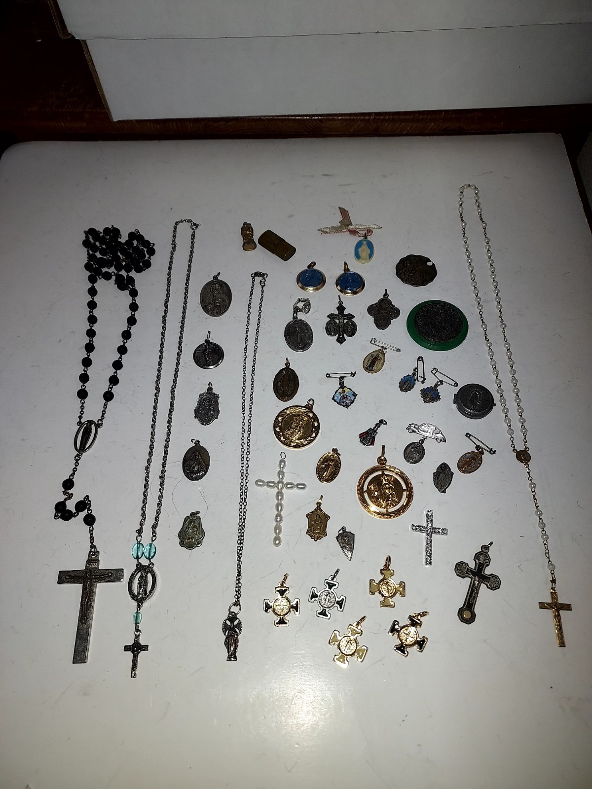Huge Religious Lot Cross Rosary Beads Small Silver Pin Charms Mixed Lot 40 Pcs.