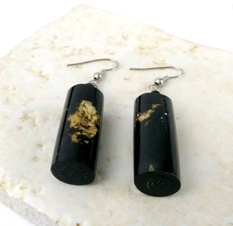 Black Coral Extra Large Vintage Earrings 1 cm Thick x 3 cm Long Hand Polished