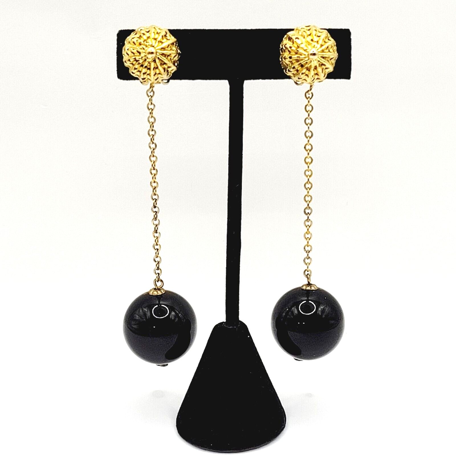 DeNicola Black Ball & Chain Long Drop Dangle Runway Gold Tone Clip On Earrings