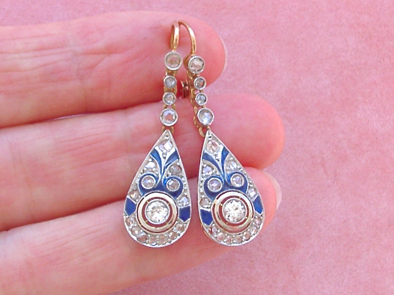 ART DECO 1.04 ctw EURO & ROSE DIAMOND BLUE ENAMEL 18K PLATINUM EARRINGS 1920