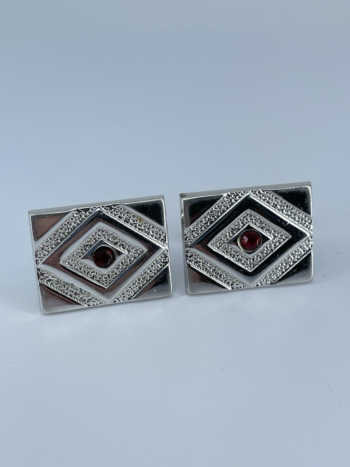 Swank rectangle cufflinks red rhinestone brushed polished silver tone
