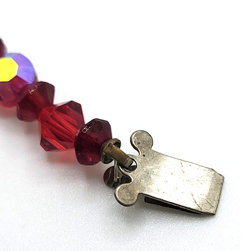 Vintage Ruby Red AB Bicone Bead Aspirin Crystal Bead Necklace Cluster Box Clasp