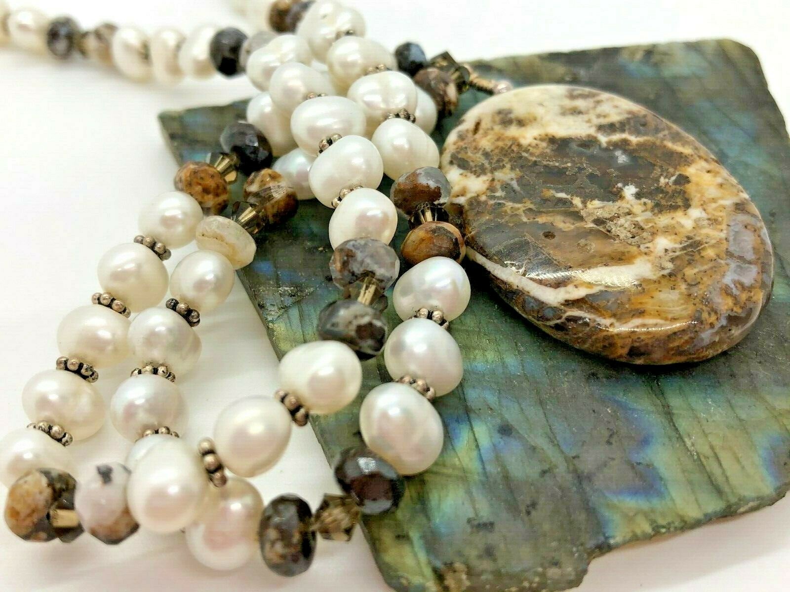 Vintage Sterling Silver 39mm White Brown Agate Pearl Beaded Necklace 20″