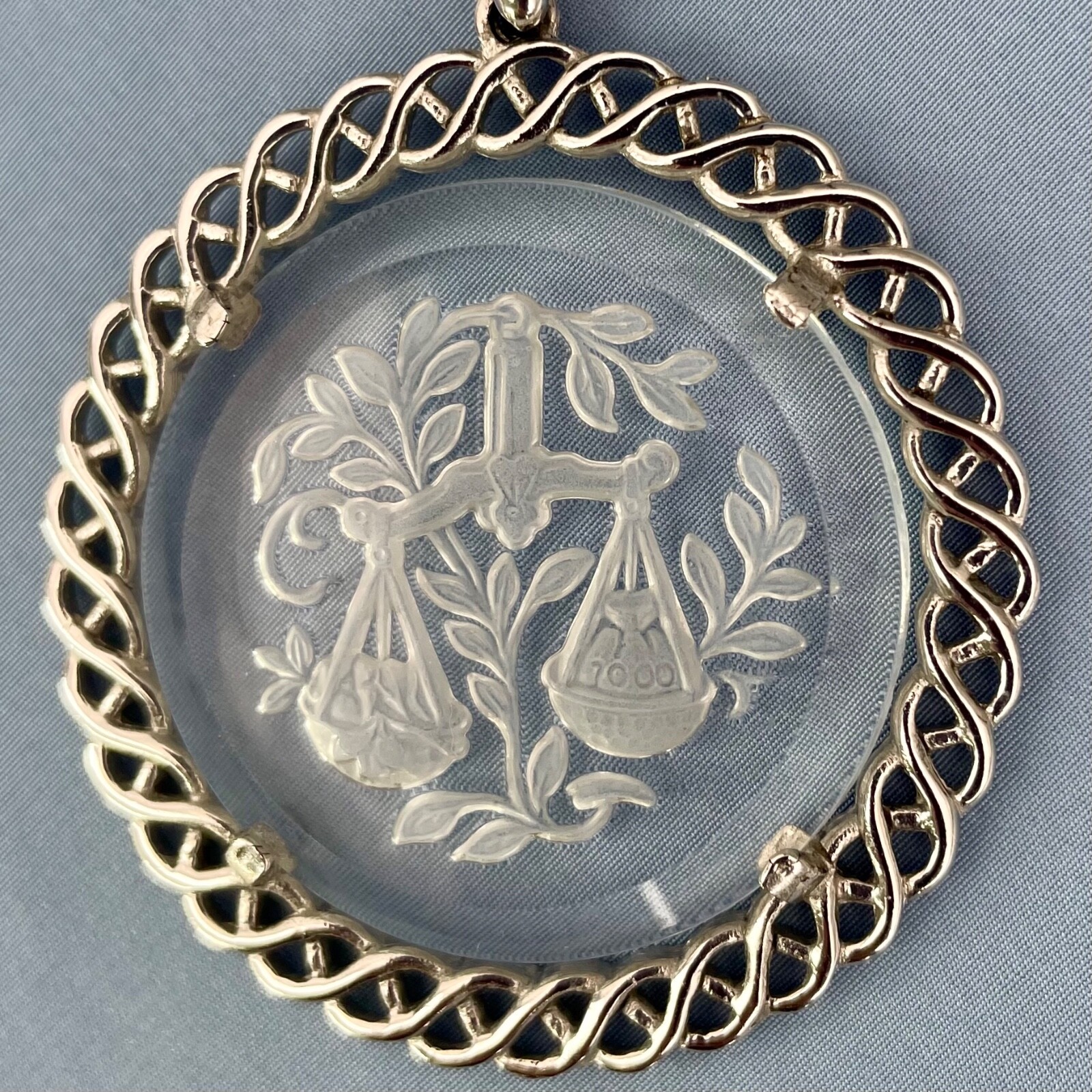 Crown Trifari Pendant Necklace Scales of Justice Reverse Etching Glass 22 Inches