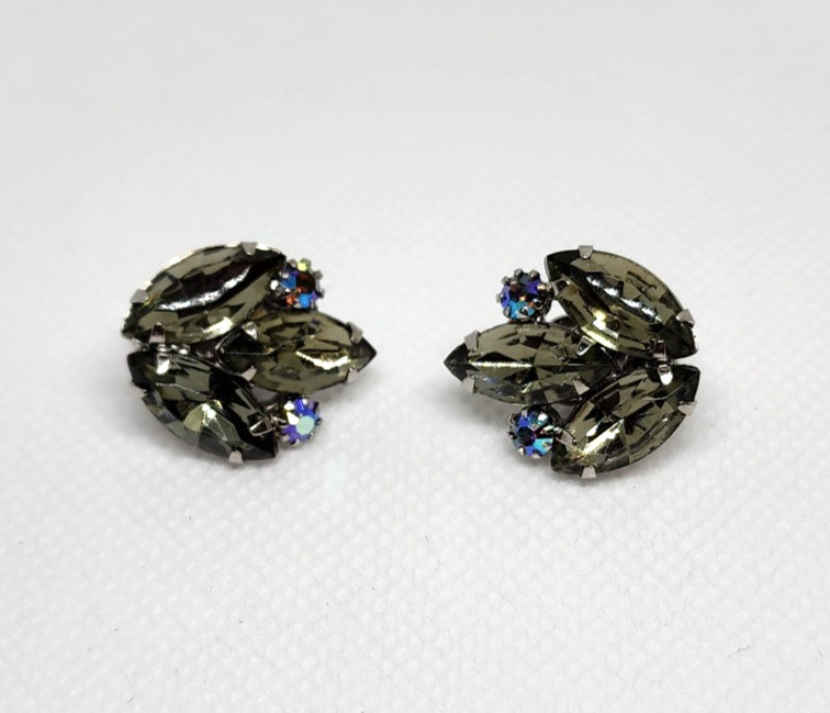 Vtg Juliana Delizza & Elster Grey Smokey and Blue Rhinestones Clip on Earrings