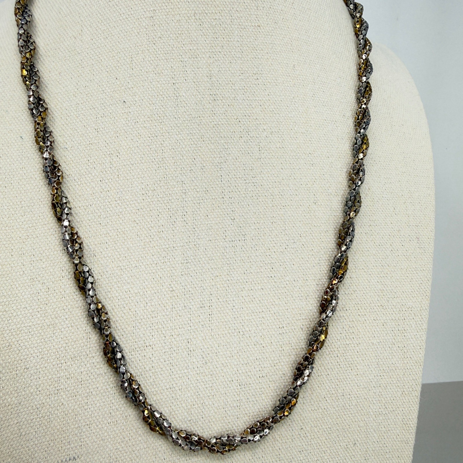 Vintage Two Tone Twisted Mesh Chain Necklace Barrel Clasp Textured