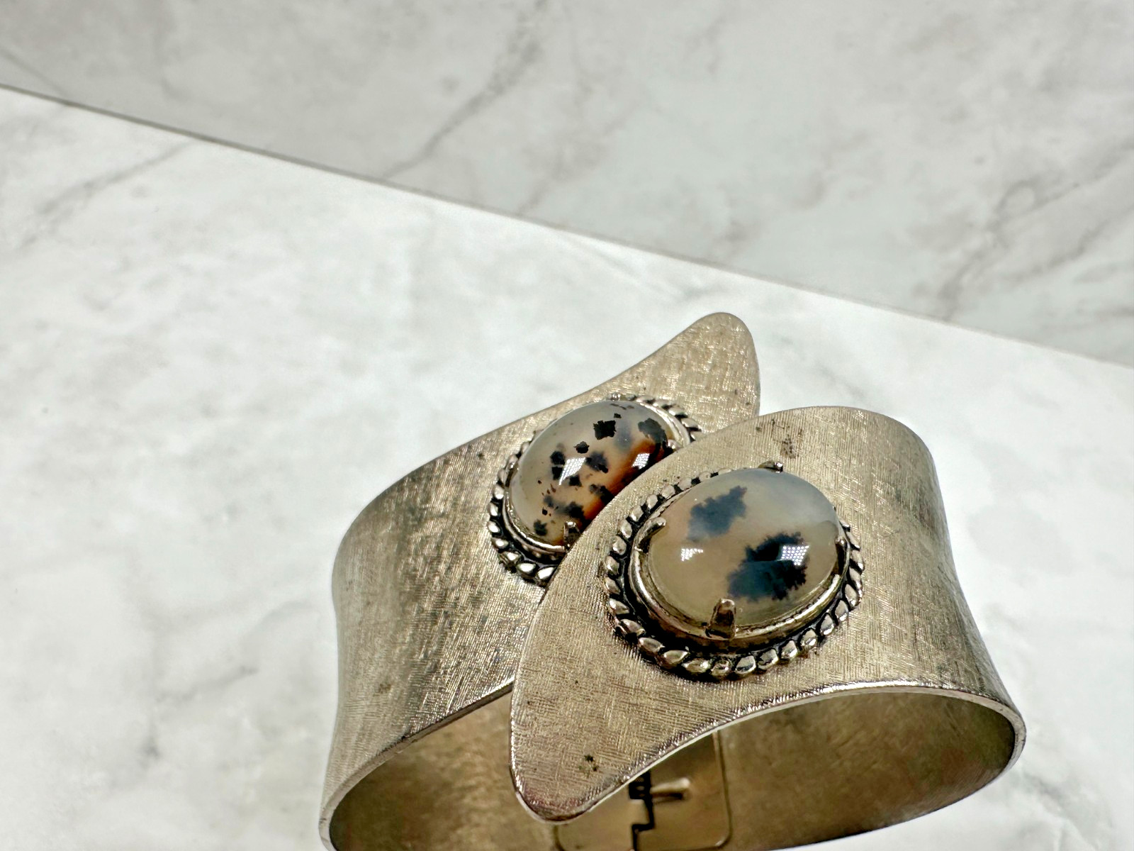 Silver Tone Hinged Bracelet with Two Resin Stones – 6″ Inside Diameter (Small!)