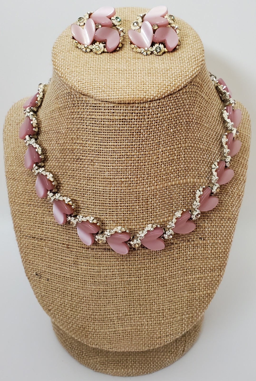 Vintage Necklace Earrings BSK Thermoset Pink Hearts Flowers Coquette Romantic