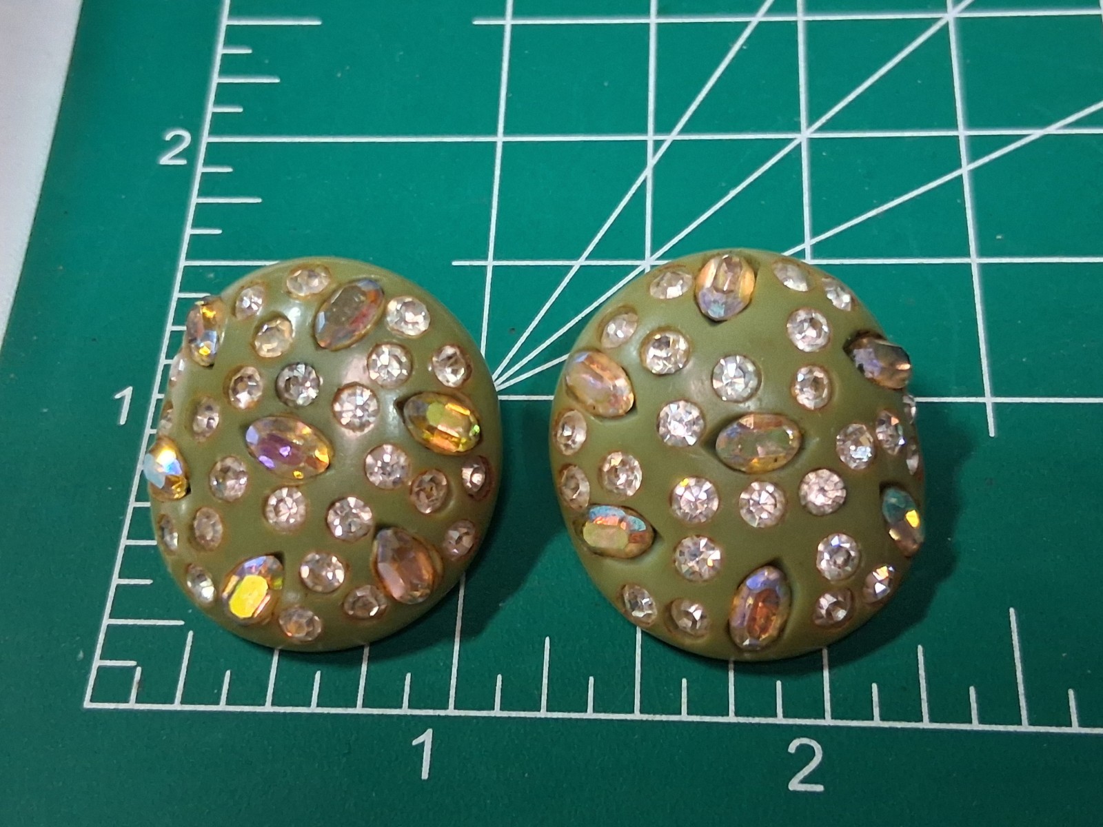 Vintage Weiss Aurora Borealis Earrings GREEN Bakelite Clip-on Tested Signed