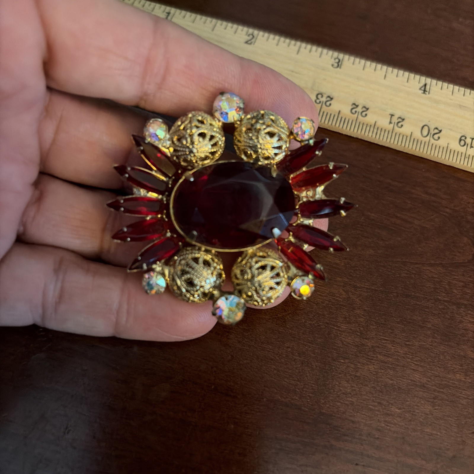 Vintage Juliana (Delizza & Elster) Red and Aurora Borealis Rhinestone Brooch Pin