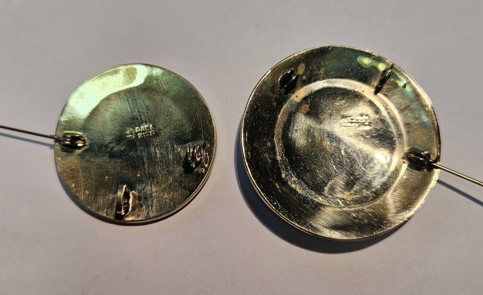 VINTAGE (2) MOTHER OF PEARL INLAID PINS/PENDANTS STAMPED ALPACA MEXICO