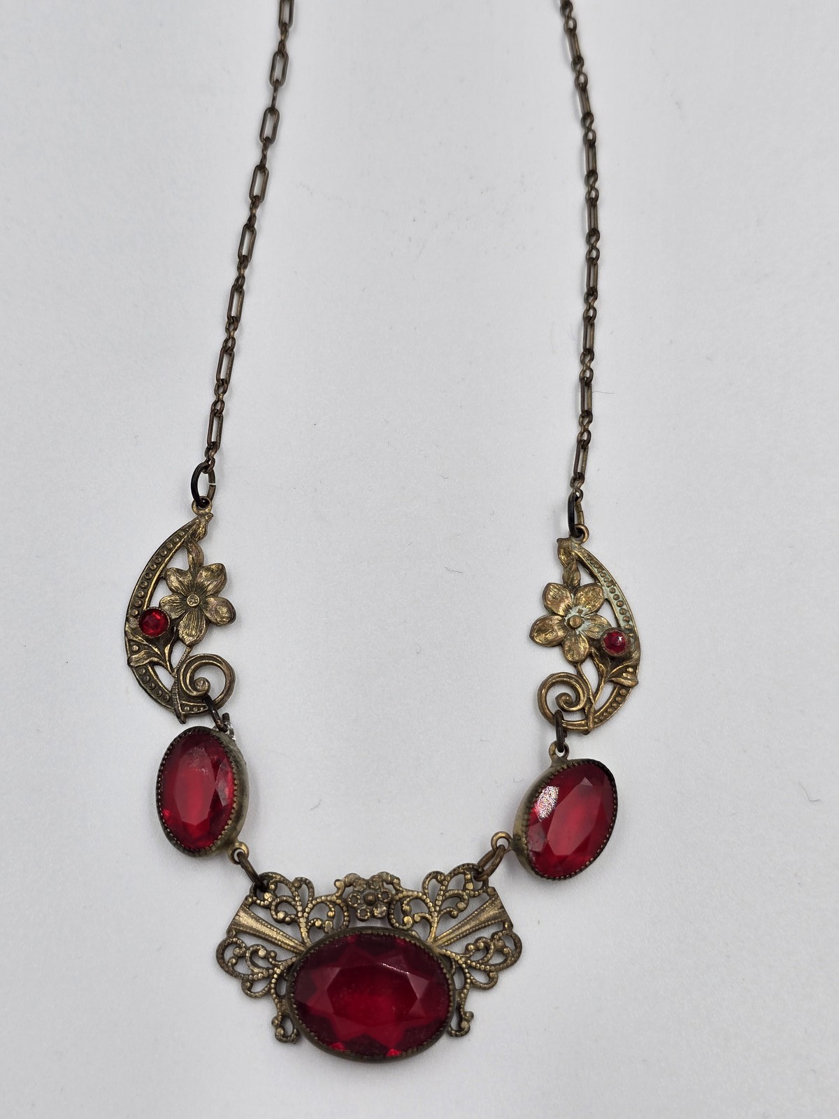 Antique Brass Filigree Necklace Red Glass Stones Art Deco Nouveau Style
