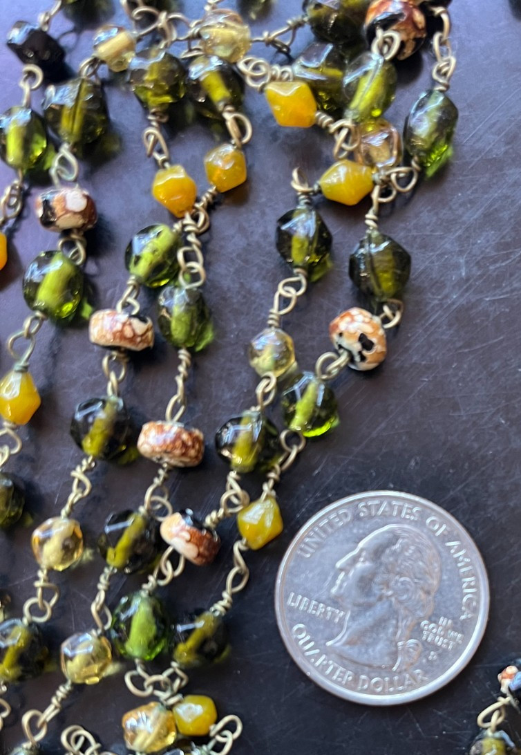 Pretty Antique Earthtones Multi-shape Molded Glass Beads Hand Wired 62″ Necklace