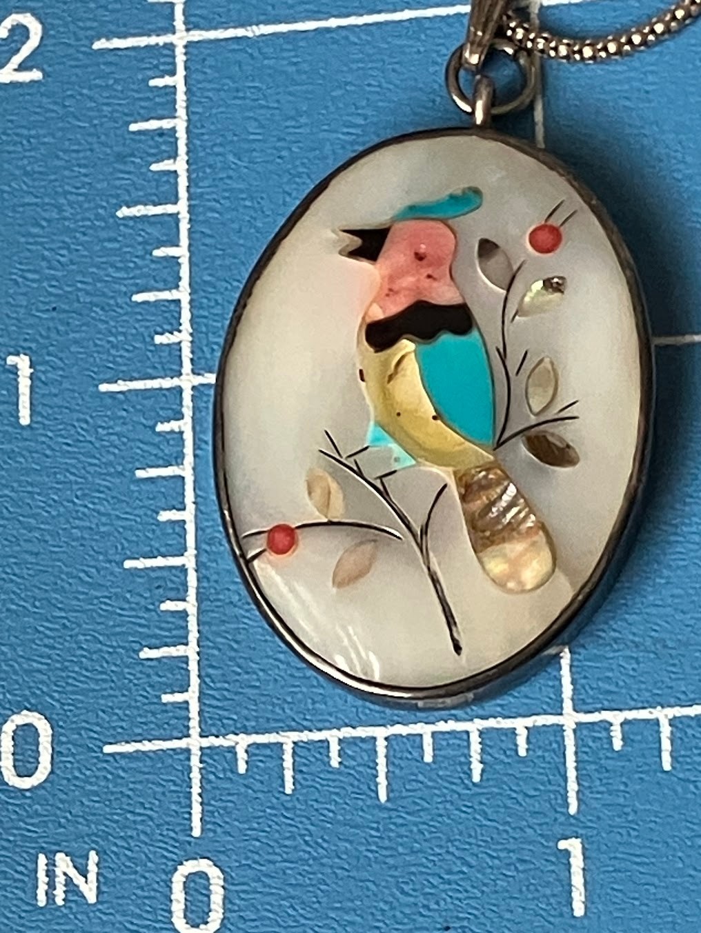 Vintage Multi Stone Inlay Pendant Bird Mother of Pearl Sterling Signed READ
