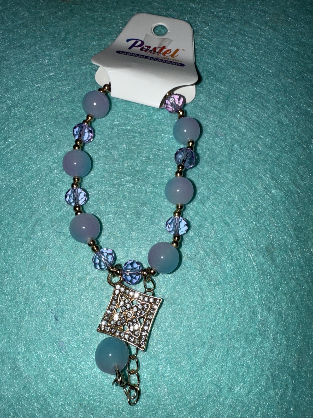 Expandable Marble Blue With Purple Swarovski With Dangling Rhinestone Clover