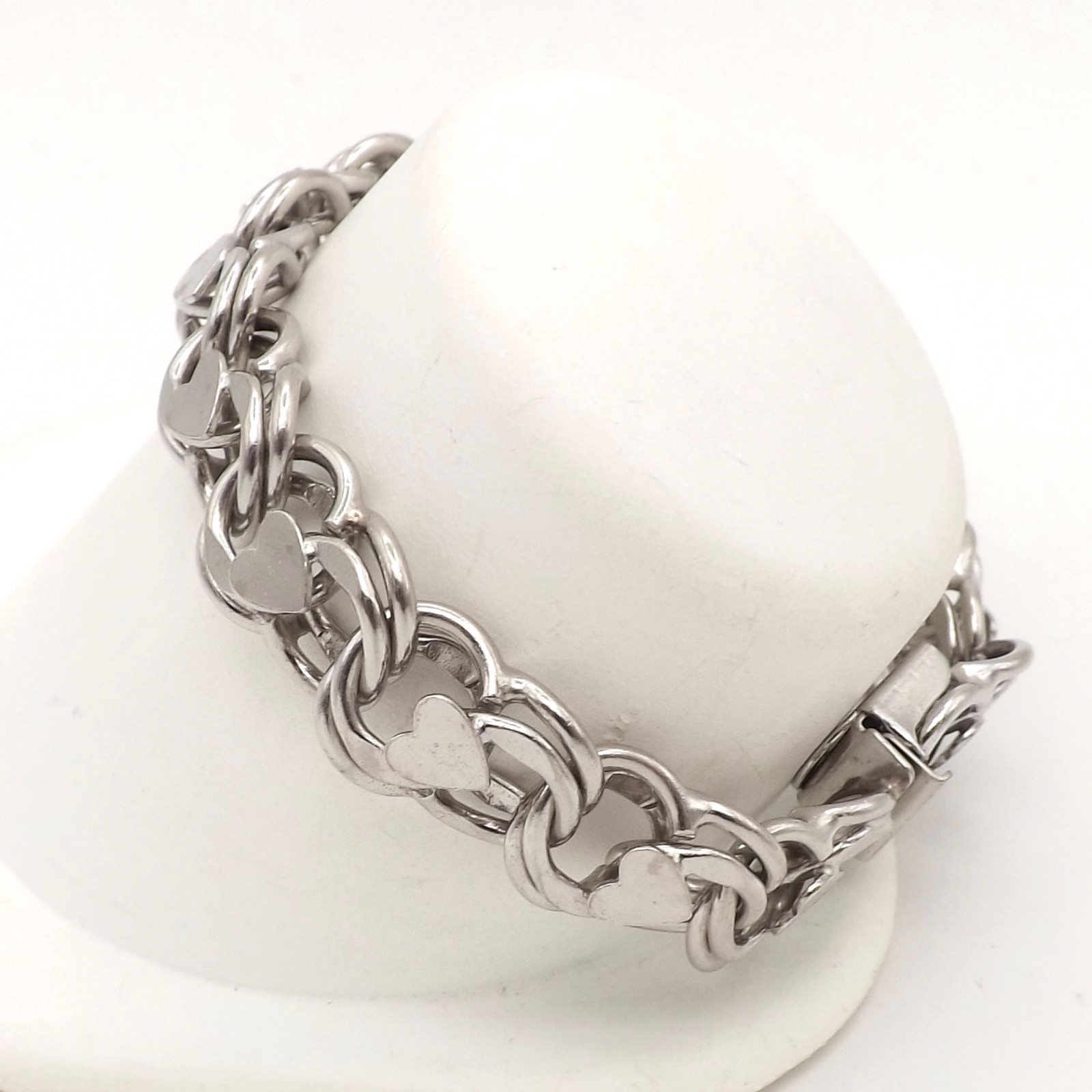 Sterling Silver Double Wire Hearts Charm Bracelet Heavy 7.25in 30gr Vintage
