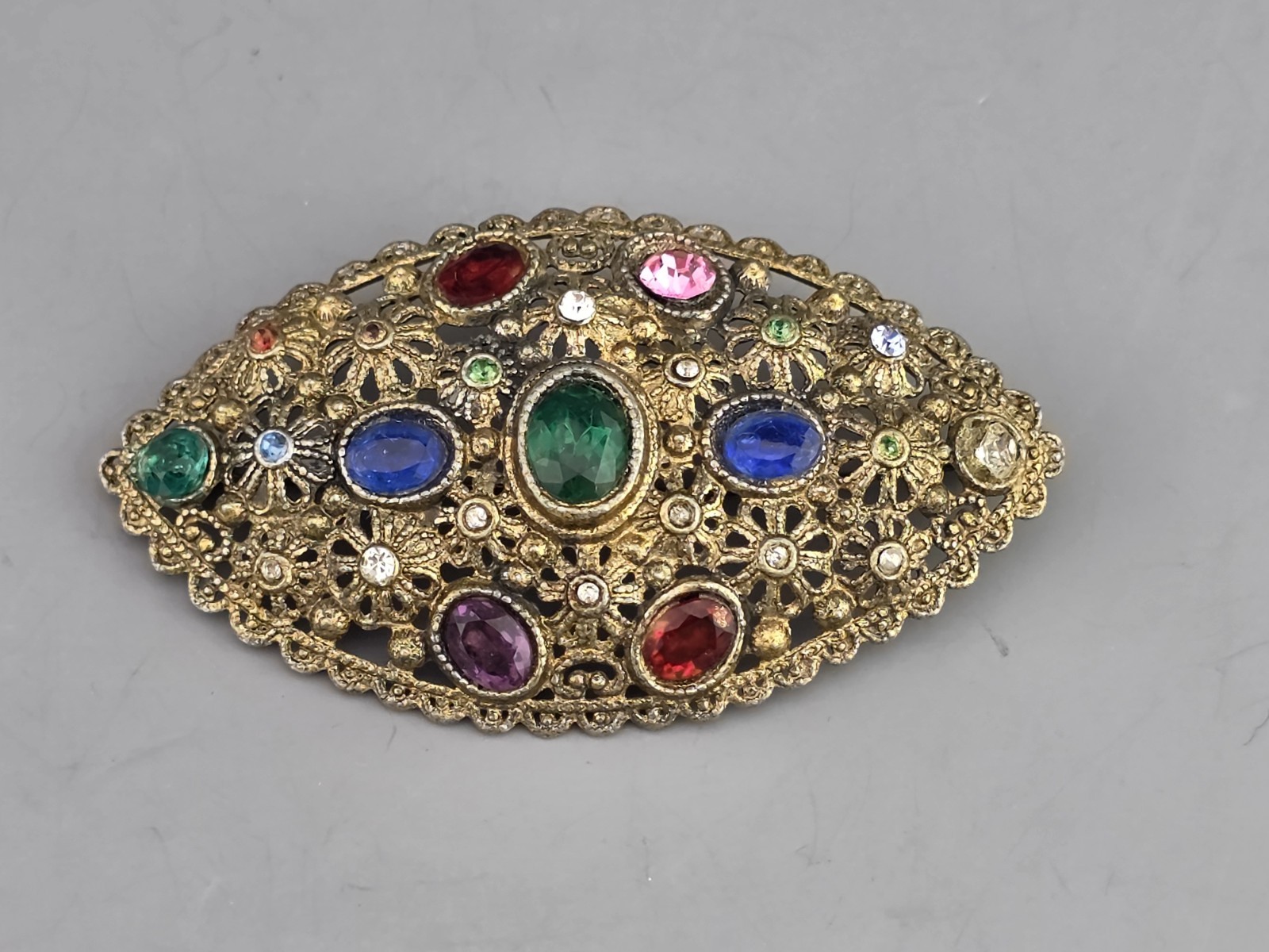 Vintage New England Glass Works Czech Filigree MultiColored Gemstones Pin Brooch