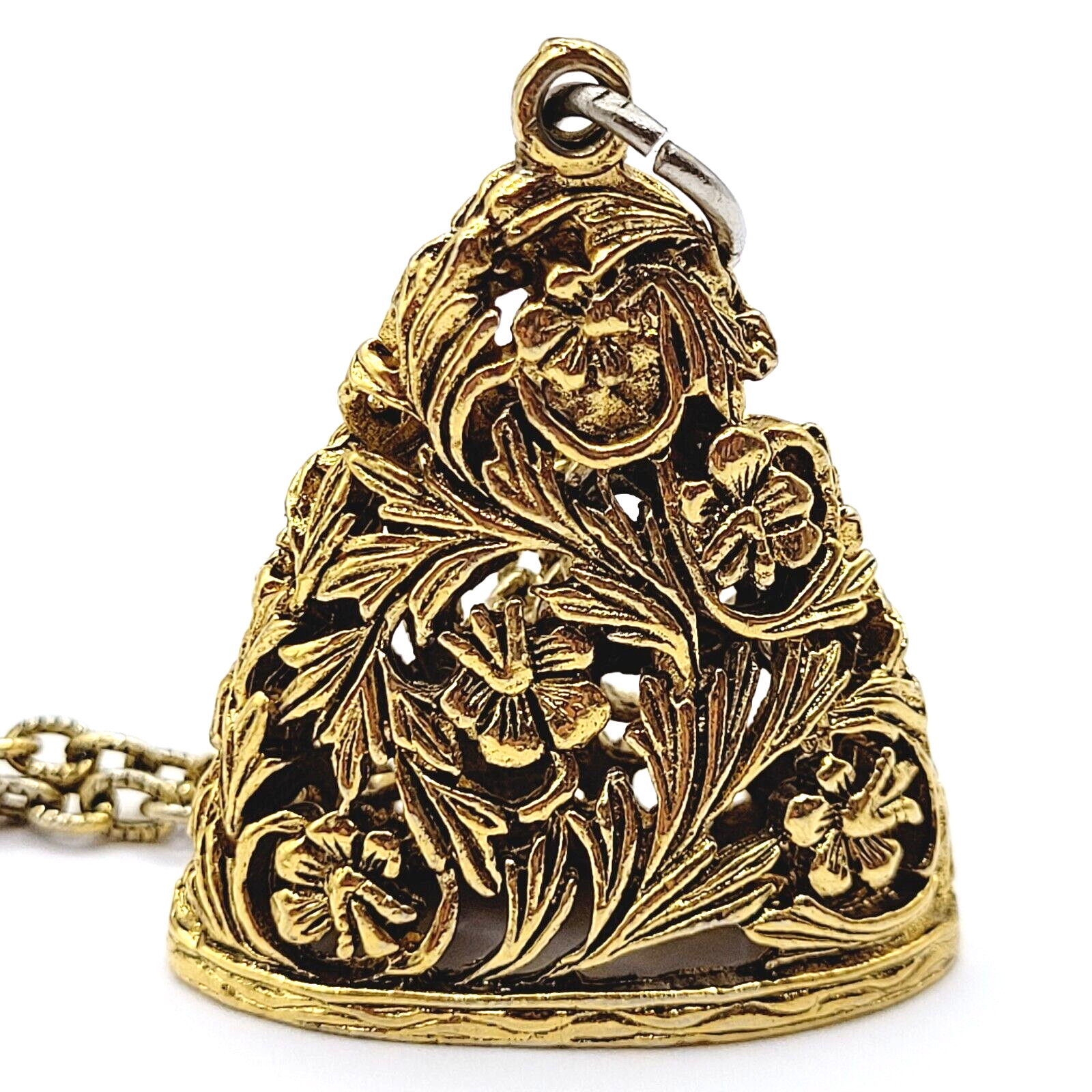Renaissance Floral Triangle Filigree Pendant Necklace Gold Tone NO CLASP 24 Inch