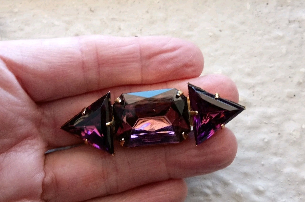 Vintage Purple Amethyst Color 3 large Glass Gem Brooch Modernist Art Deco