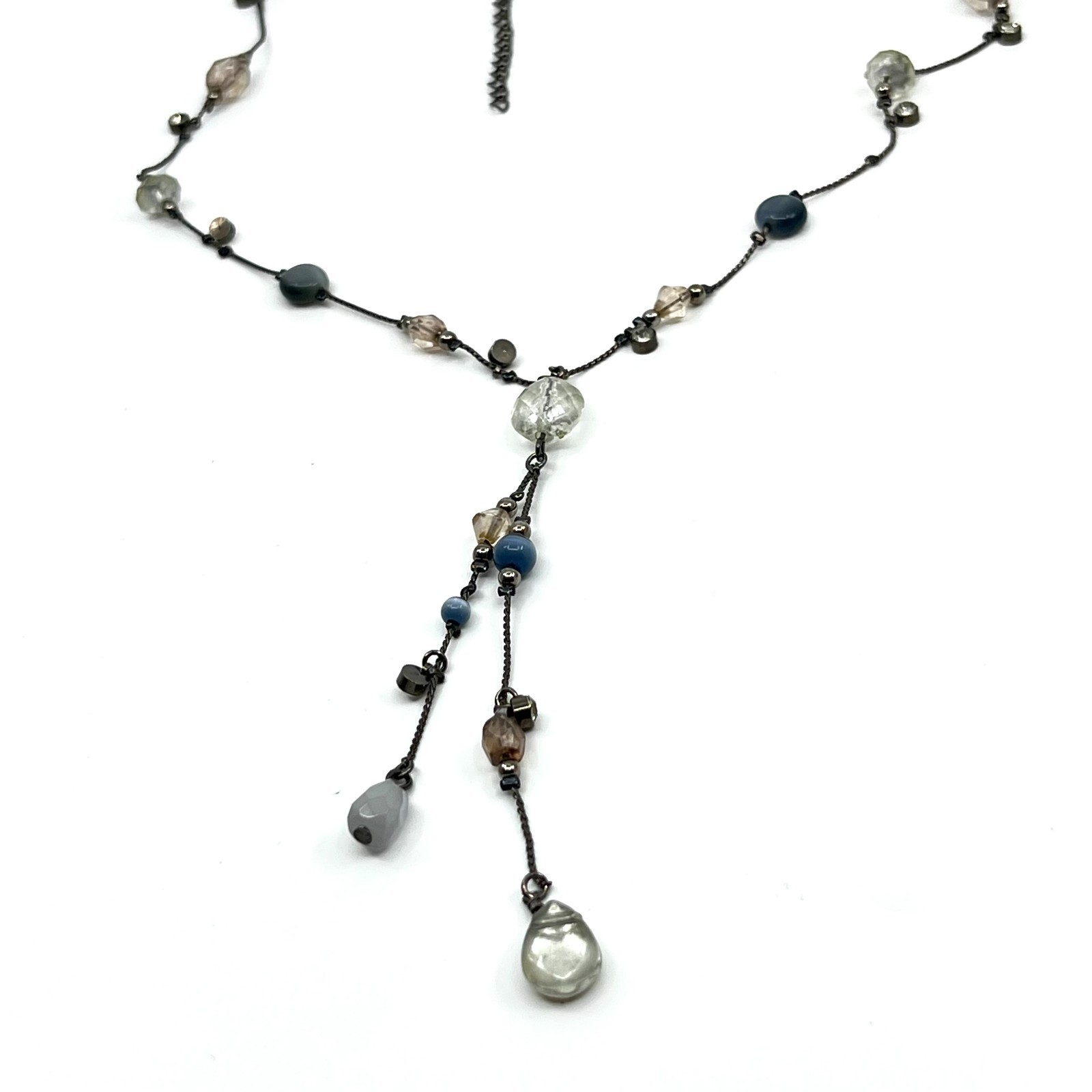 Vintage Y2K Gunmetal Blue Beaded Y-Necklace Tassel Drop Boho Aesthetic Classic
