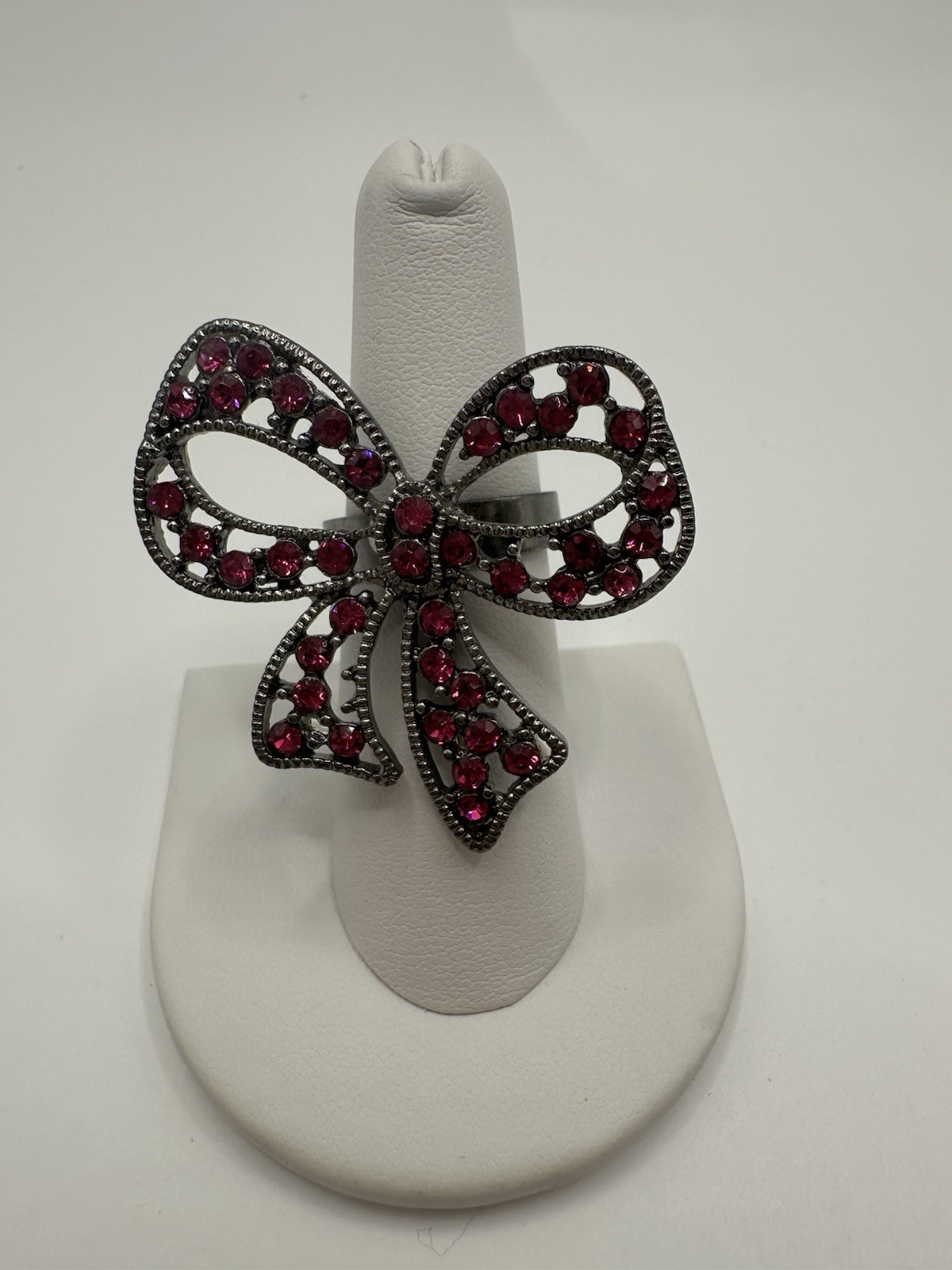Large Gun Metal Tone Pink/Purple Rhinestone Bow Ring Adjustable