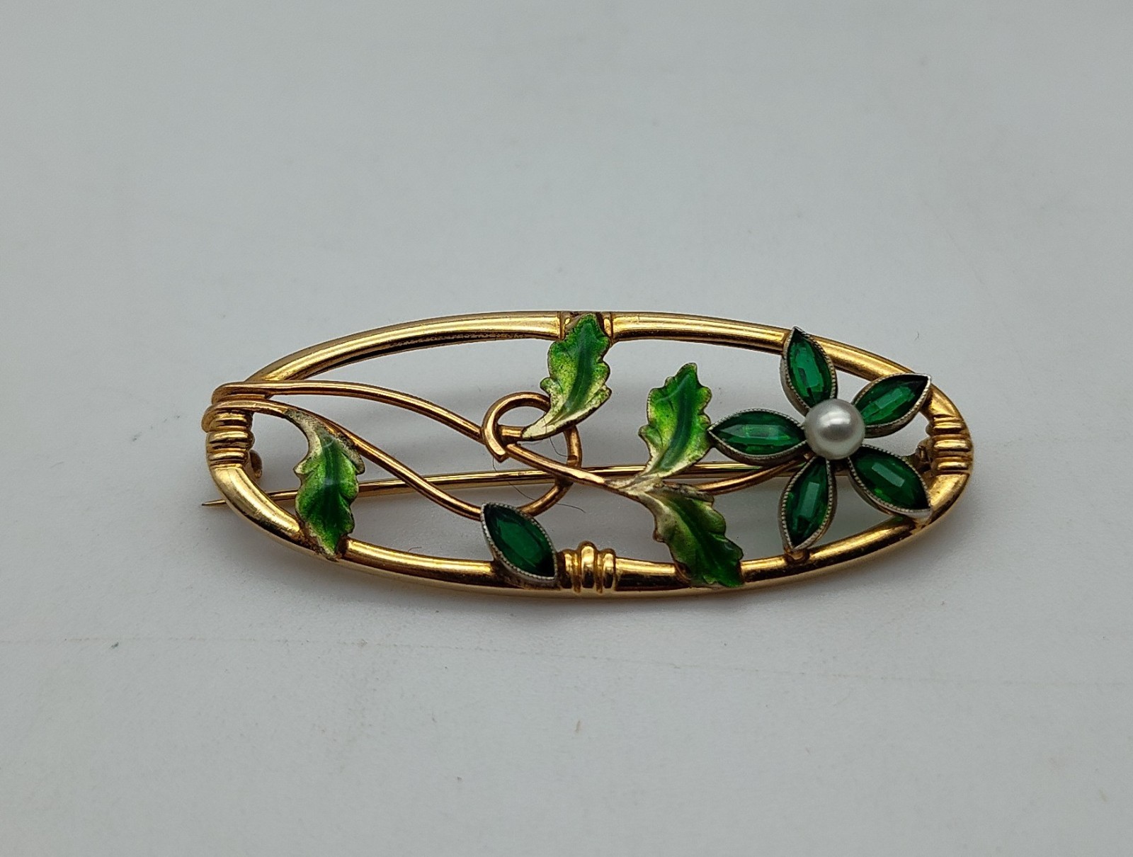 Vintage Flower Pearl Aqua Stone 10K Yellow Gold Green Enamel Brooch Pin Lapel