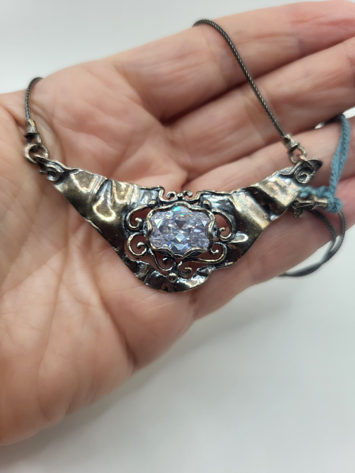 Vtg Signed Israel Didae Sterling Ornate Scroll Necklace Goshenite Beryl Gemstone
