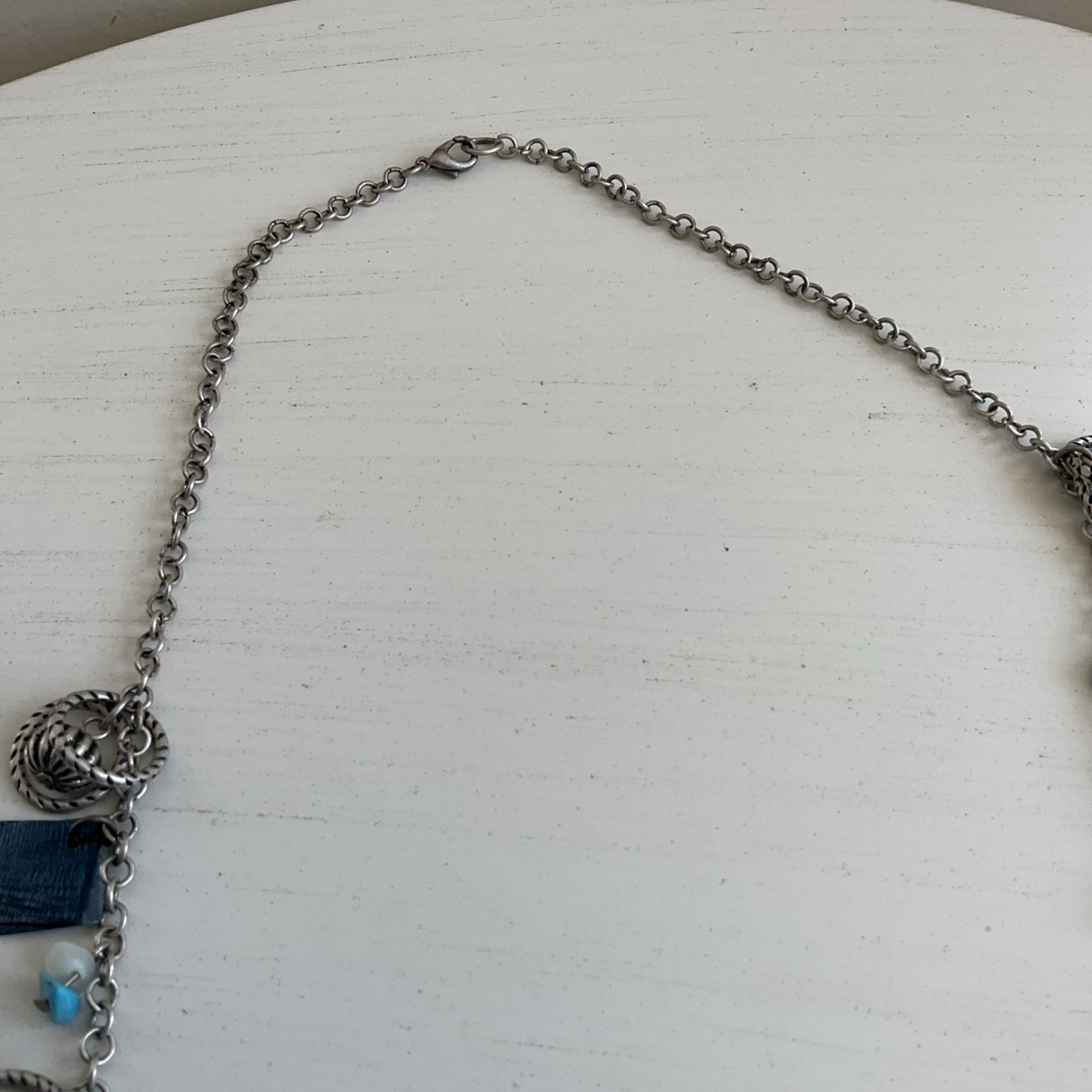 Vintage Women’s Long Dangle Necklace Beaded Blue Shells Green Gypsy Retro