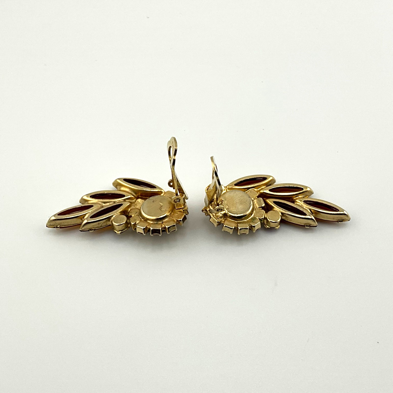 Vintage Mid Century Modern Crystal Clip Earrings Amber Navette Aurora Borealis