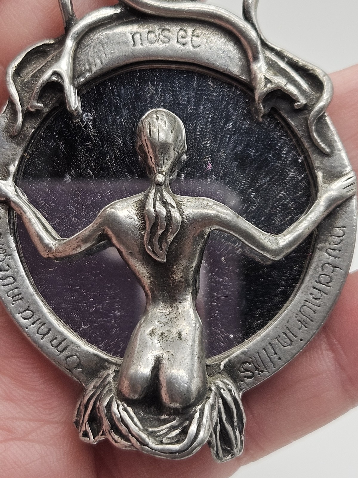 Vintage Alchemy Gothic Speculum Scull Lady Mirrored Pendant Necklace Pewter