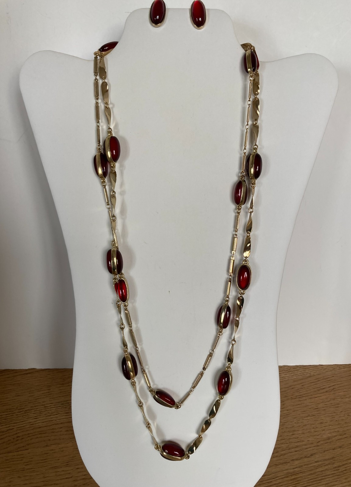 Coldwater Creek Gold Tone Red Cabochon Bead Double Strand Necklace Earrings Set