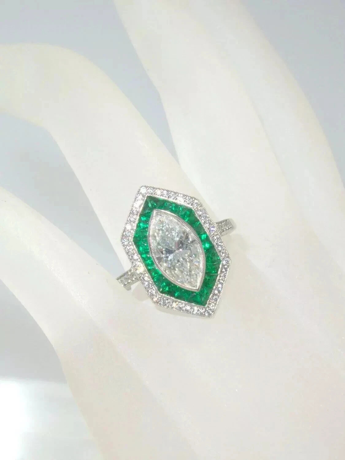 Art Deco Vintage Style Marquise Lab Created Diamond Emerald Wedding Silver Ring