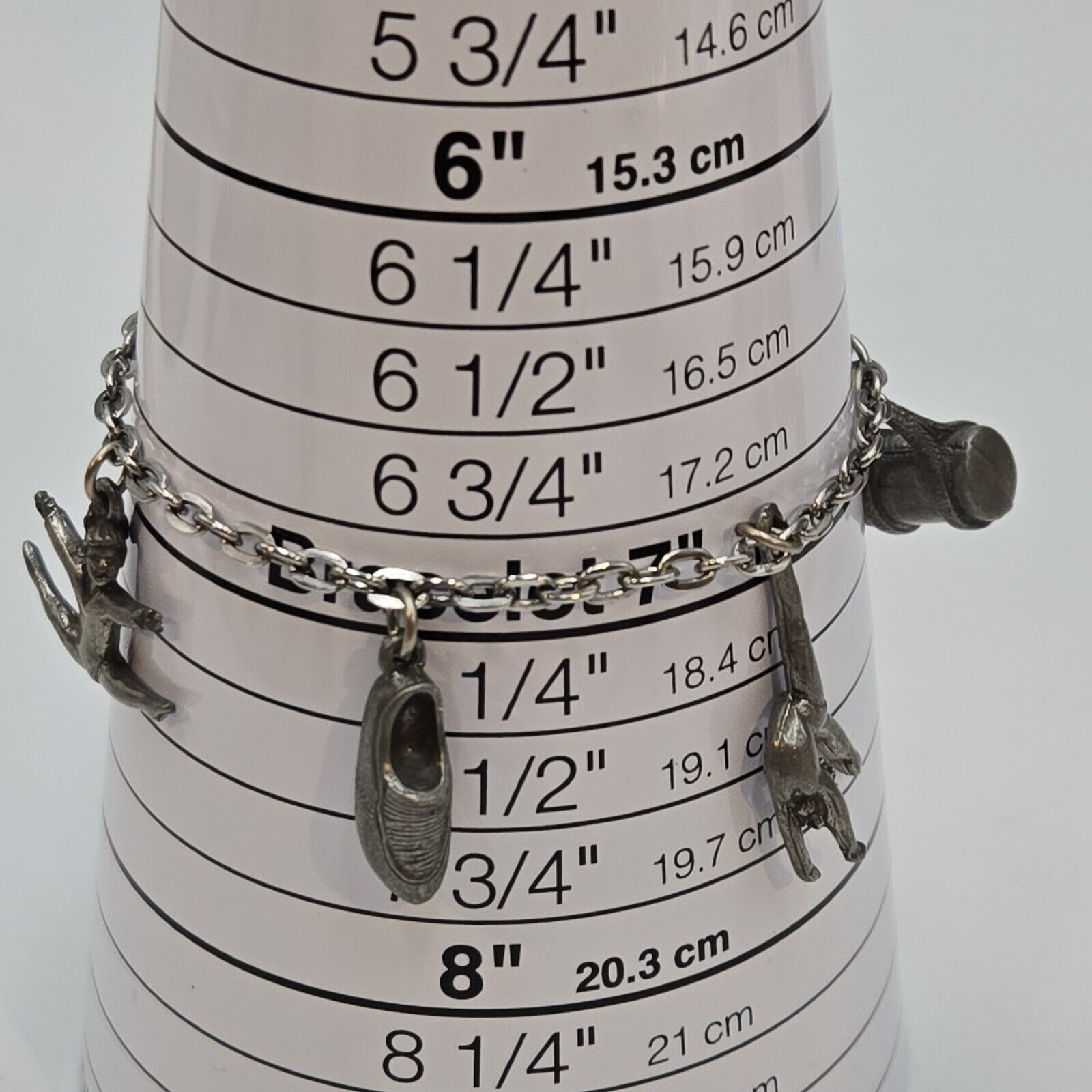 Vintage Jim Clift Pewter Charm Bracelet with gymnastics Theme 5 Charms