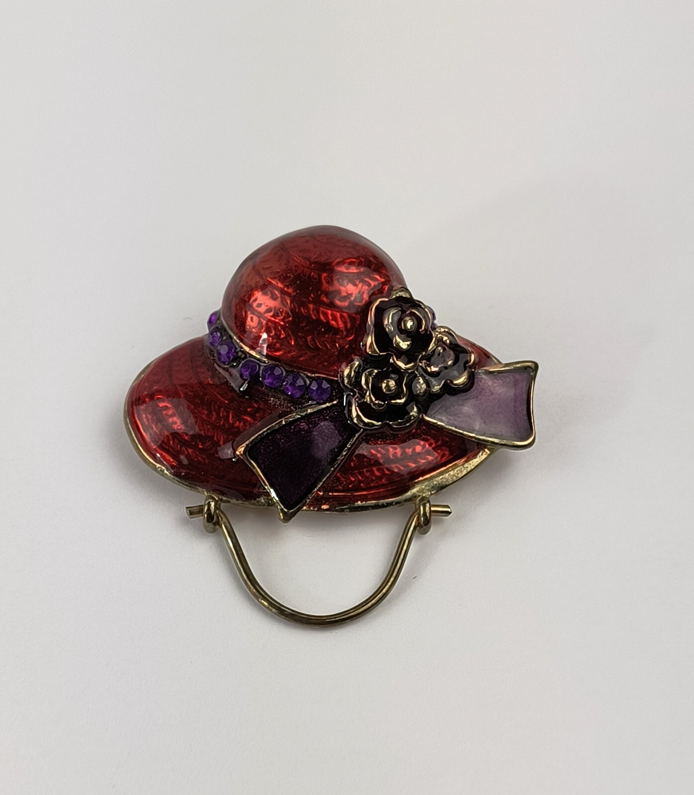 Vintage Red Hat Society Enamel Golden Brooch Pin Red & Purple