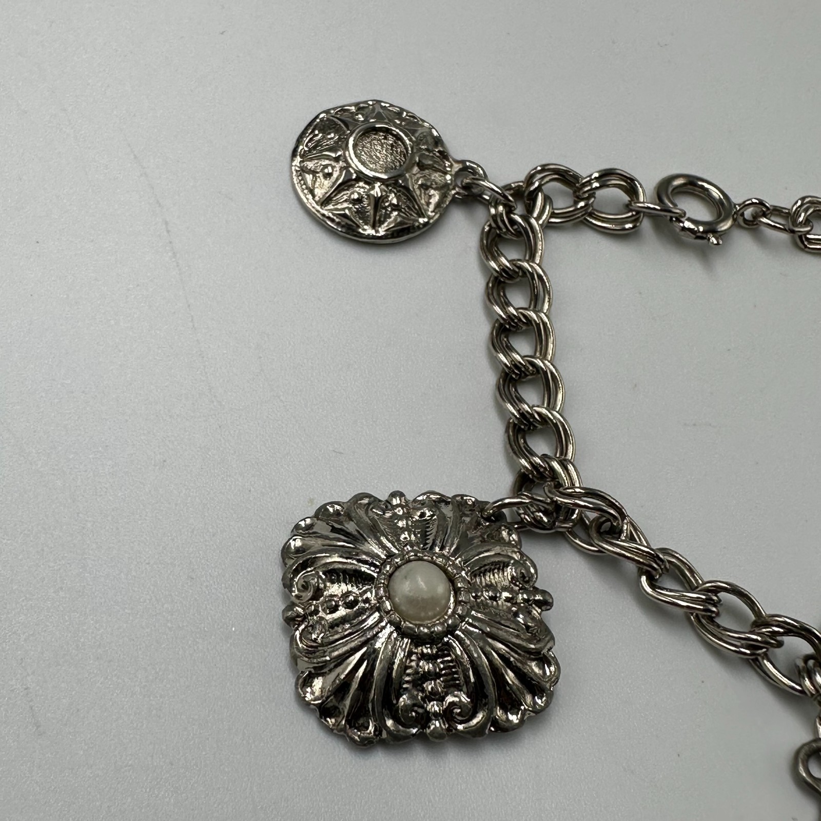 Vintage Charm Bracelet Silver Tone Filigree Embossed Faux Pearl Dangle Shields