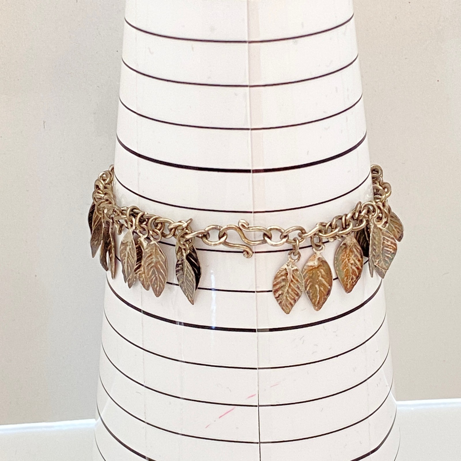 Vintage Sterling Silver Artisan Dangling Leaves Charm Bracelet Leaf Hook Closure
