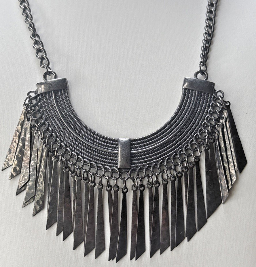 Vintage Brutalist Gun Metal Fringe Collar Necklace Bib Statement Ethnic Boho