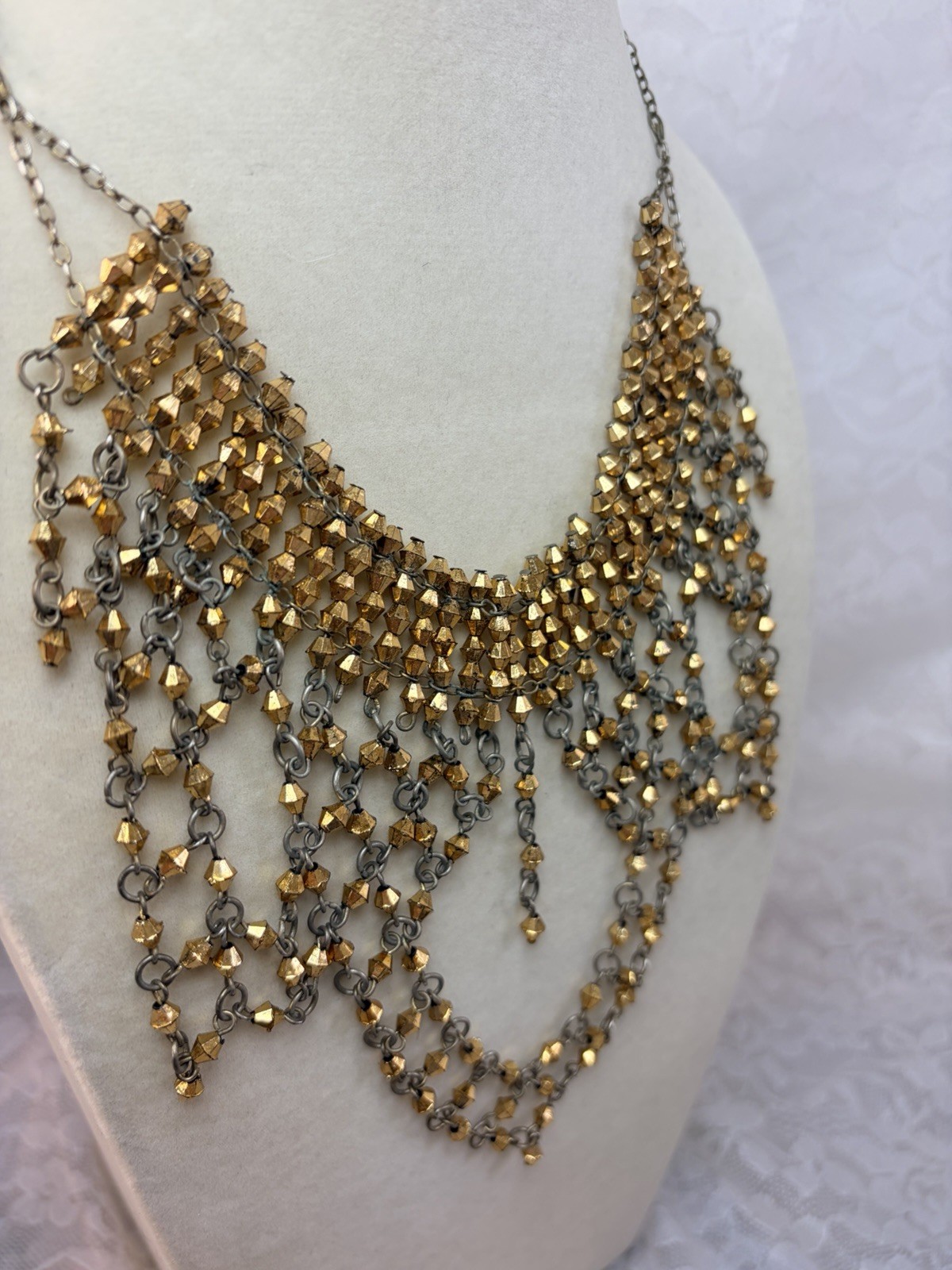 Vintage Gold Tone Beaded Bib Fringe Statement Necklace Boho Glam