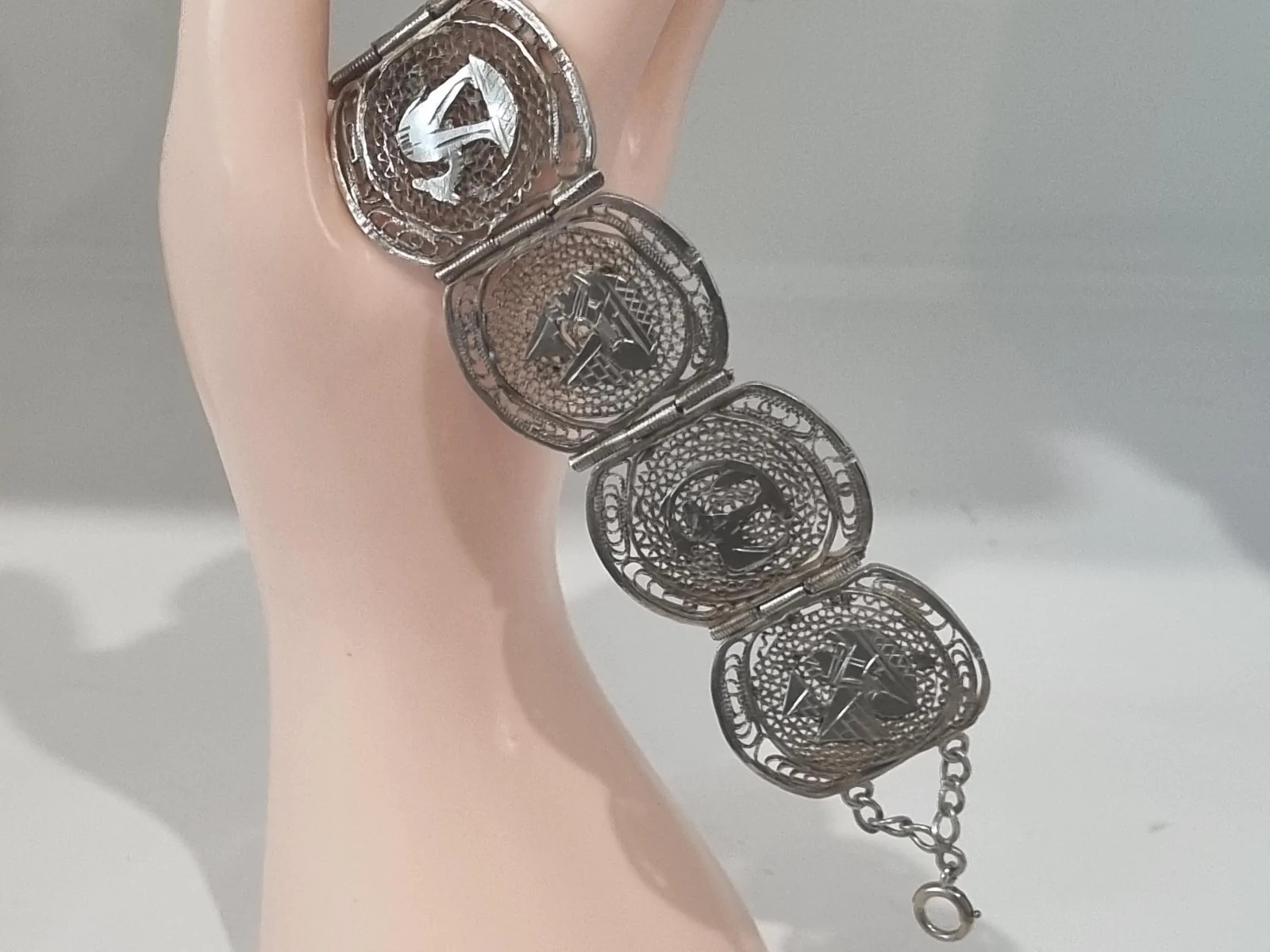 Vintage 12k White Gold Fill Sterling Egyptian Theme Filigree Bracelet See Video