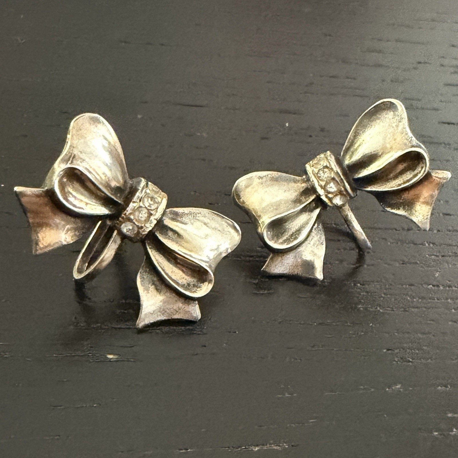 Vintage Sterling Silver Bow Ribbon Screw Back Earrings Rhinestone Accent 6.94g