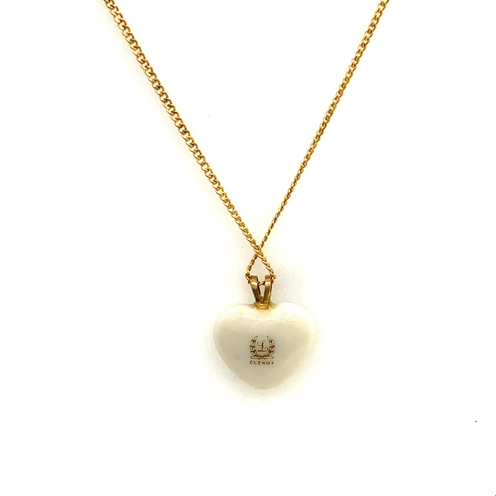 Vtg Signed 14k Gold Filled Lenox Puff Heart Porcelain Pendant Necklace sz 18 1/2