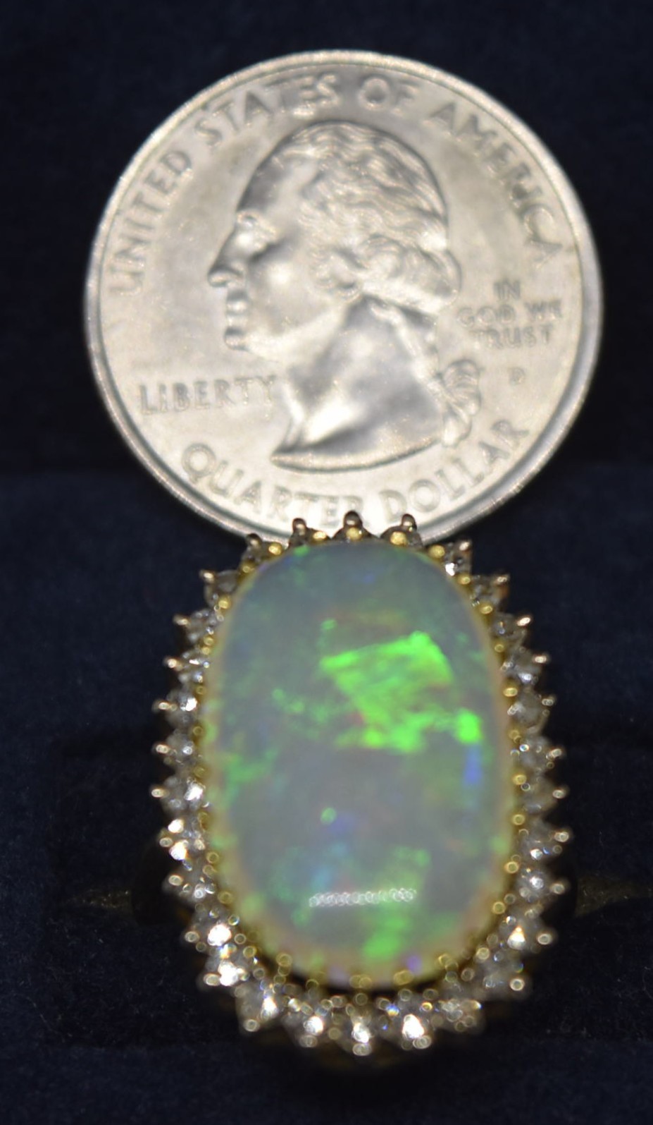 Exquisite 18K Yellow Gold, Natural Opal and Diamond Ring Size 5 3/4