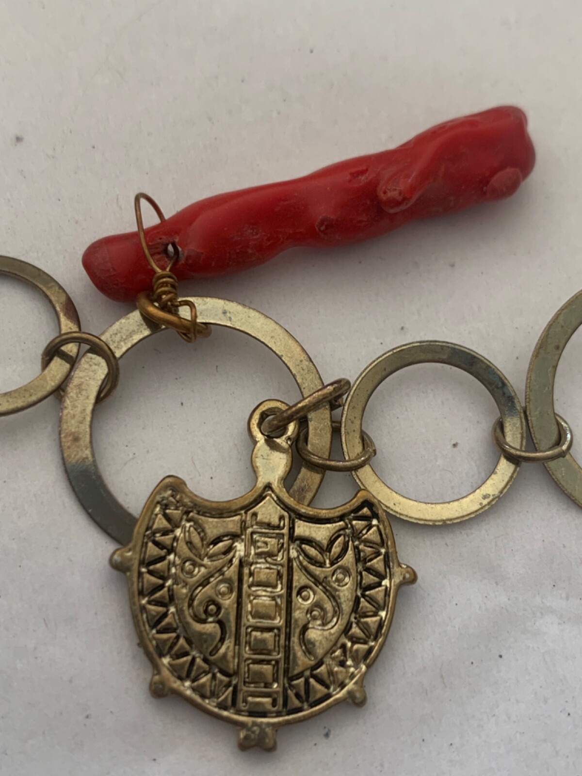 Vintage Metal Link Necklace with Glass and metal Charms stone, faux coin & shell