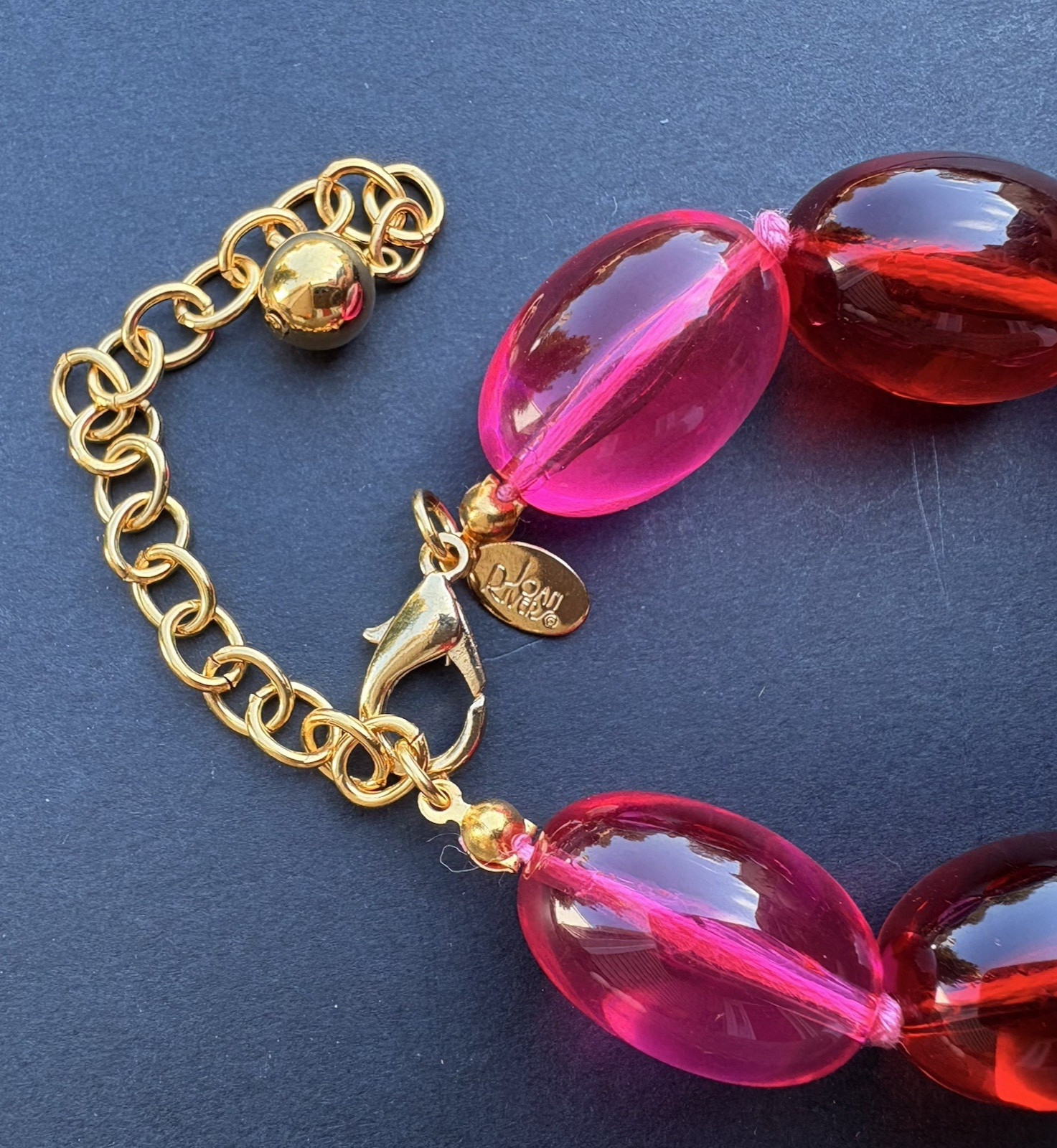 Vintage Joan Rivers Pink Red Purple Acrylic Lucite Beaded Knotted Necklace 24″