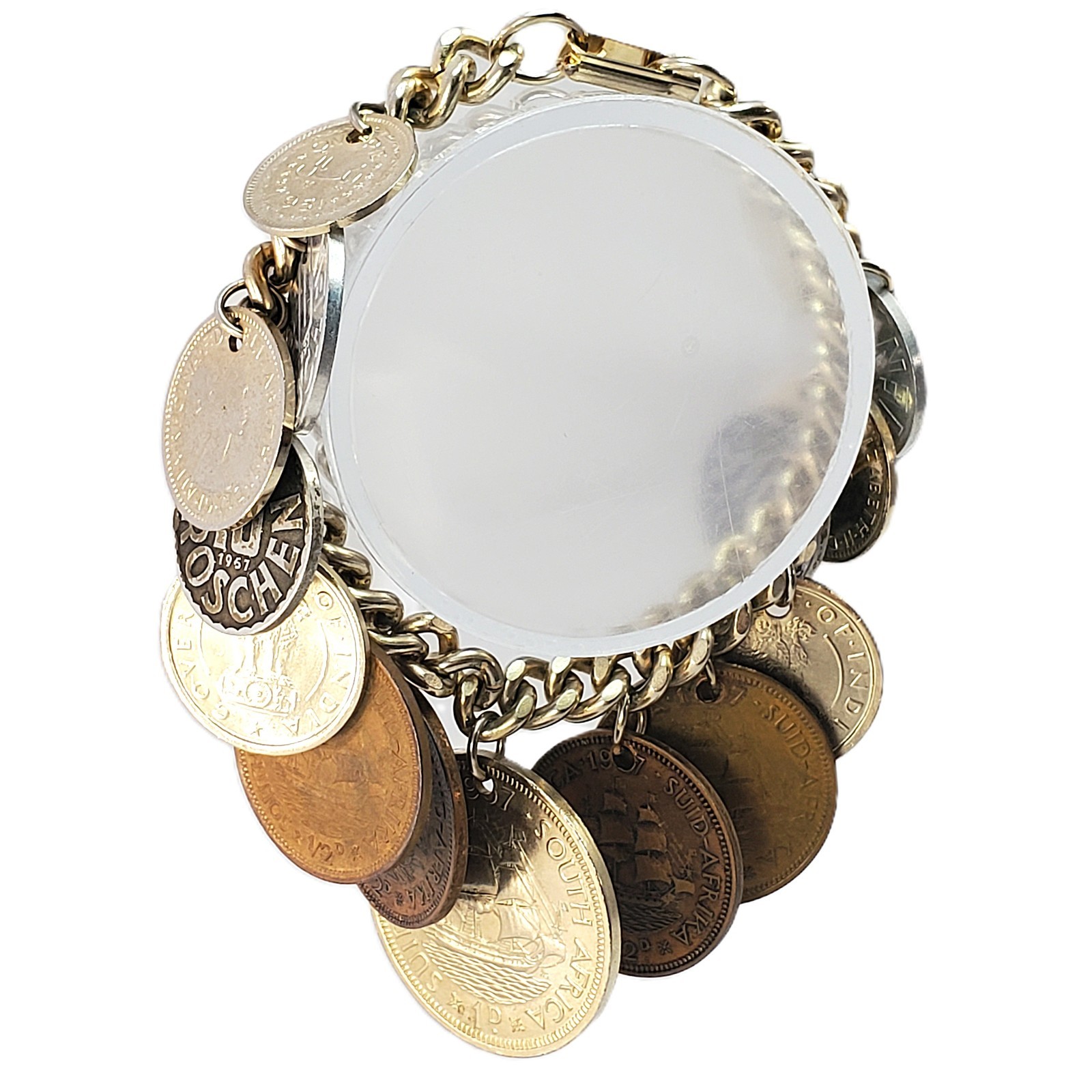 1950s CHARM Bracelet 15 REAL World Coins Gold Tone Vintage 7.25″