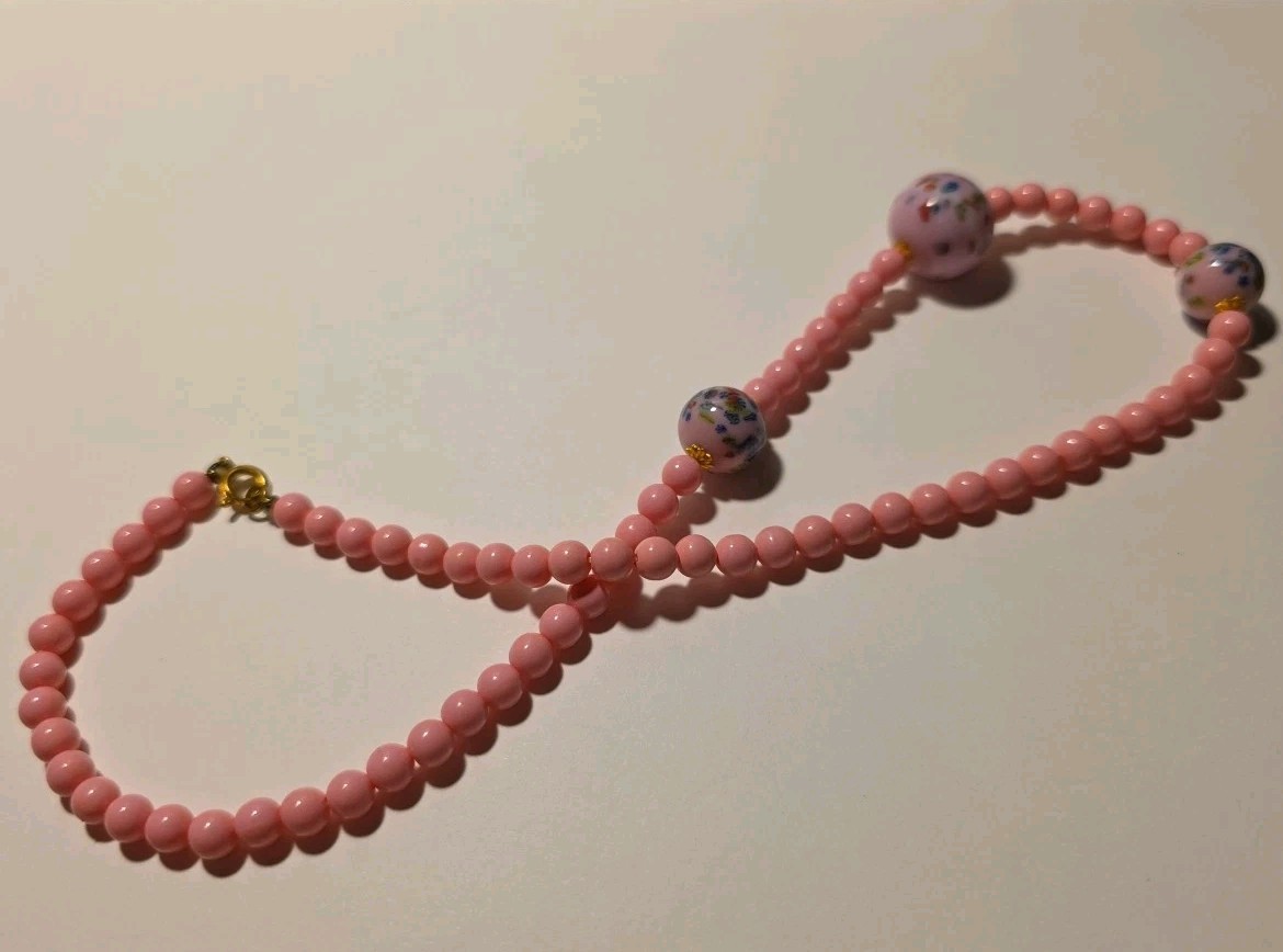 Vintage Pink Glass Millefiori & Pink Painted Glass Beads Necklace 18 3/4″L