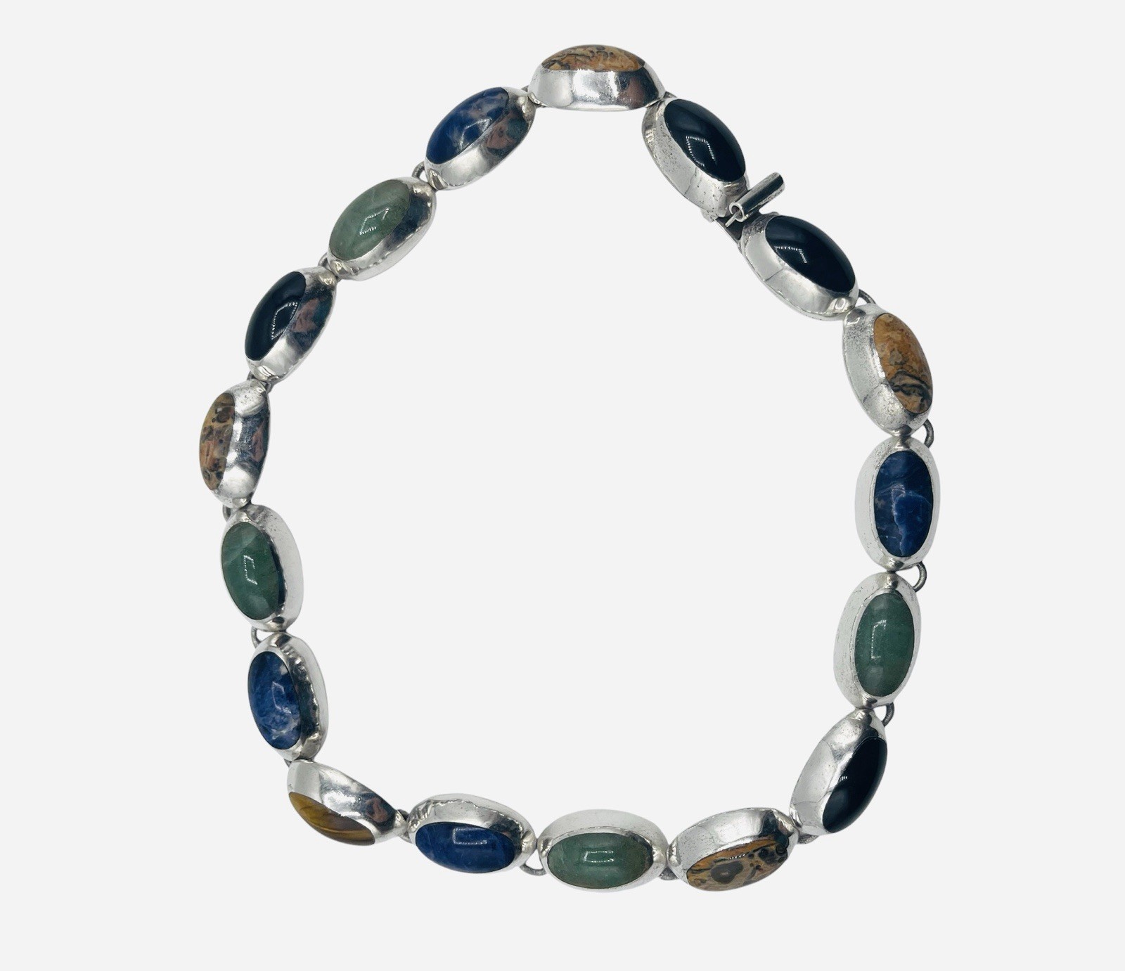 VTG Sterling Silver 925 TZ-17 Taxco Oval Multi Gem Stone Chunky Necklace Mexico